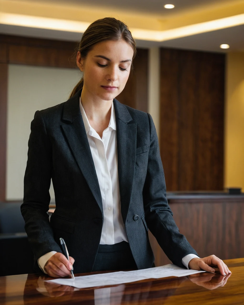 Businesswoman signing a document at a wooden desk in an office