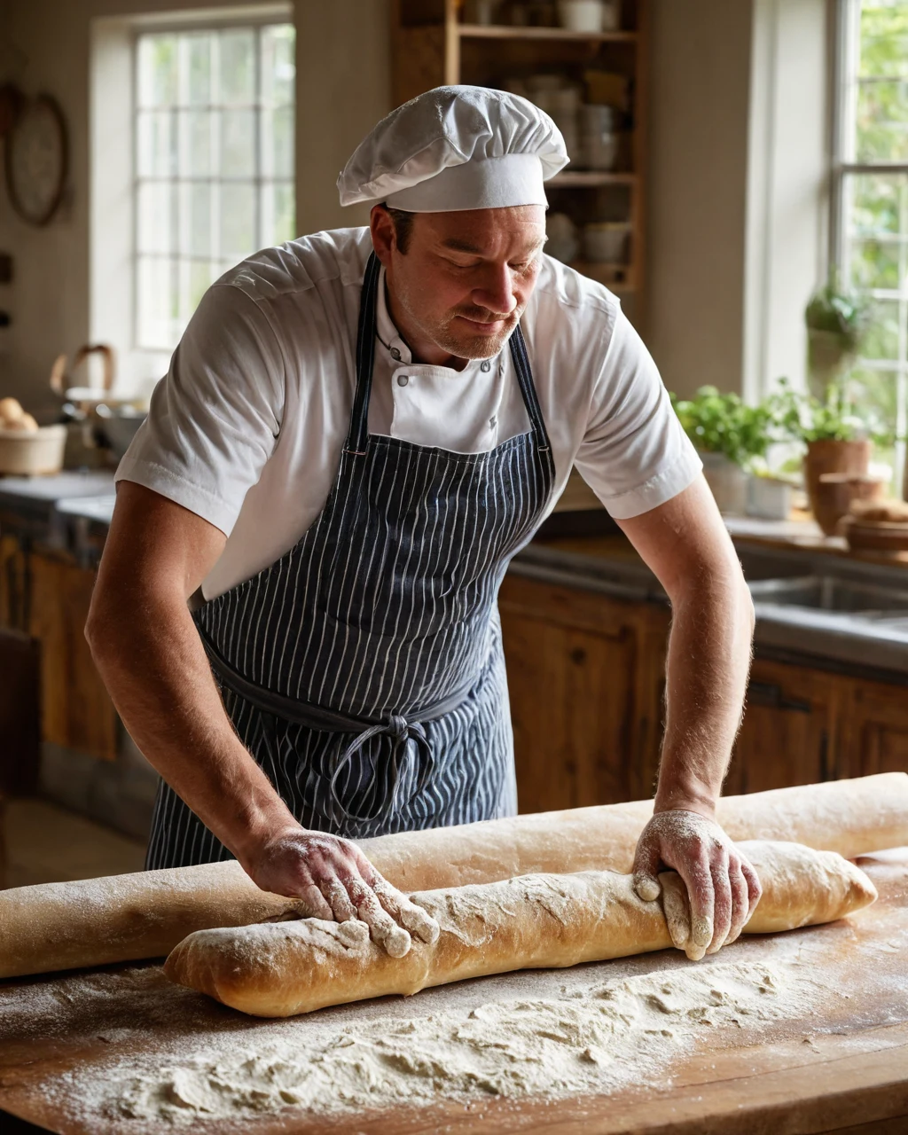 Chef kneading bread dough on a flour-covered wooden table in a rustic