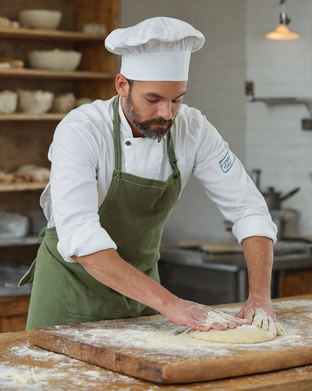 Chef kneading dough on wooden board in kitchen