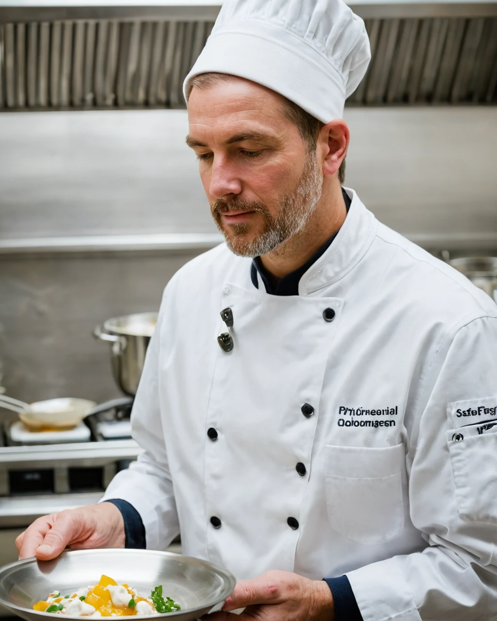 Chef plating a dish with yellow and green garnishes in a professional