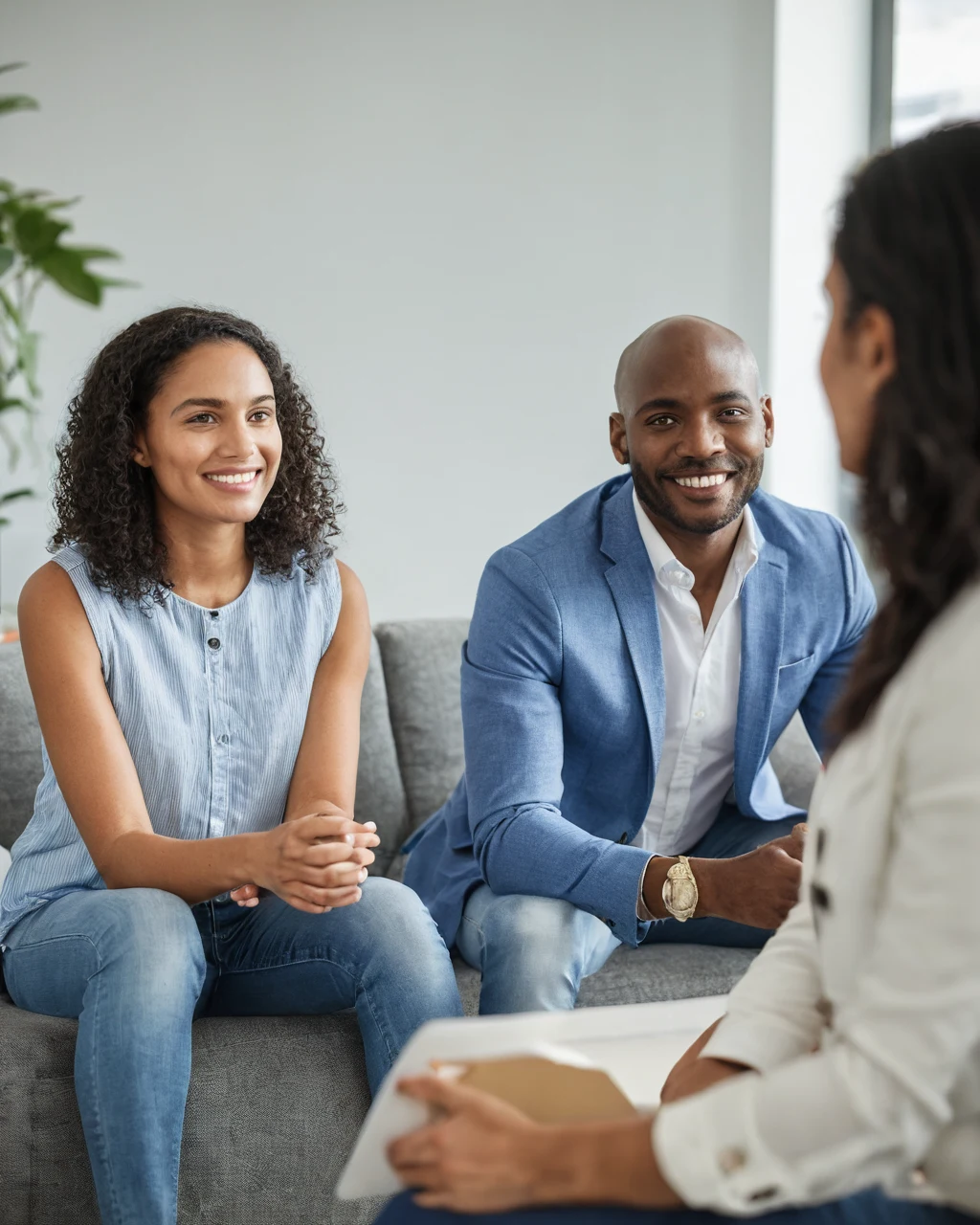 A couple smiling while talking with a therapist during a consultation