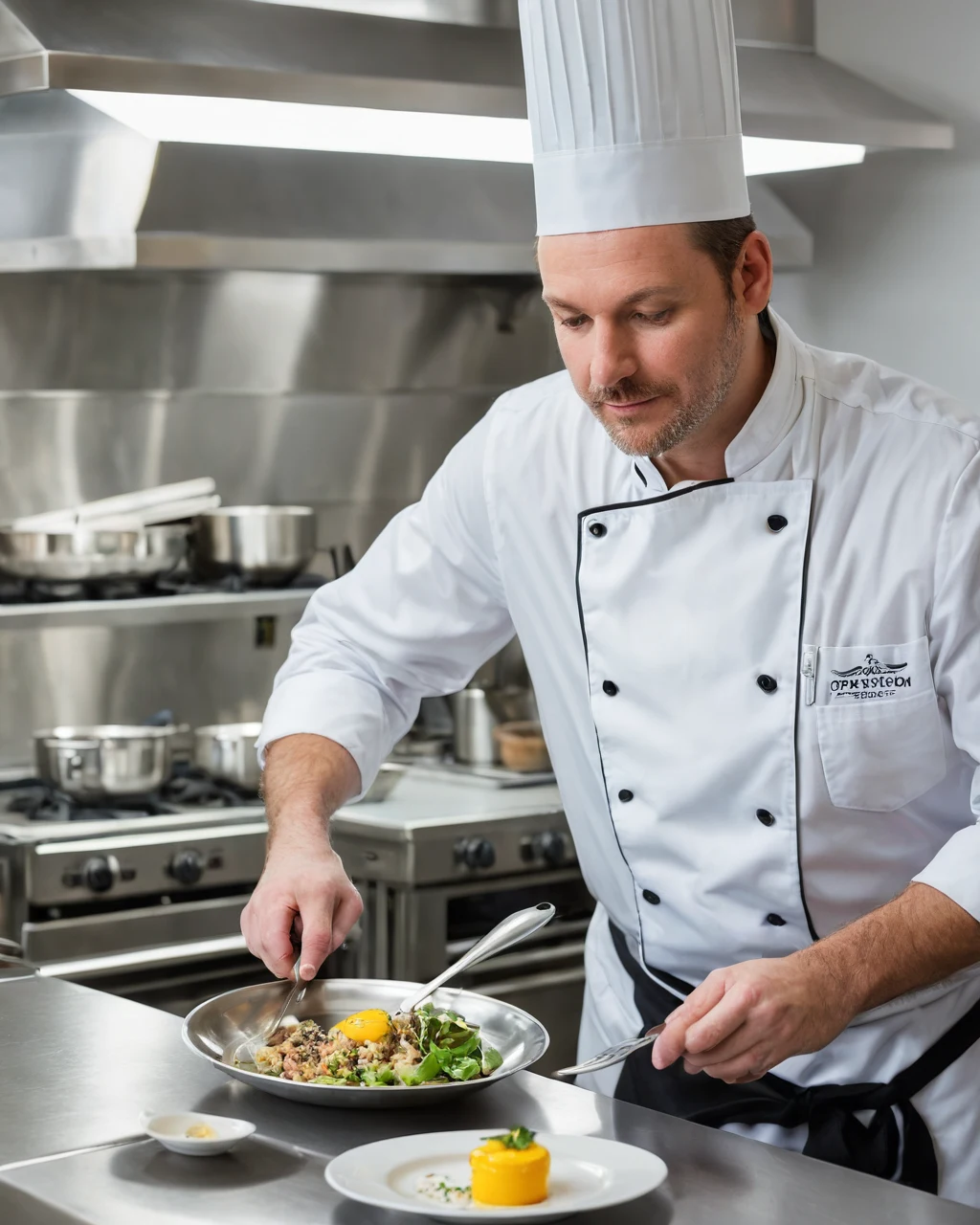 A focused adult man in his fifties, wearing a crisp white chef’s coat
