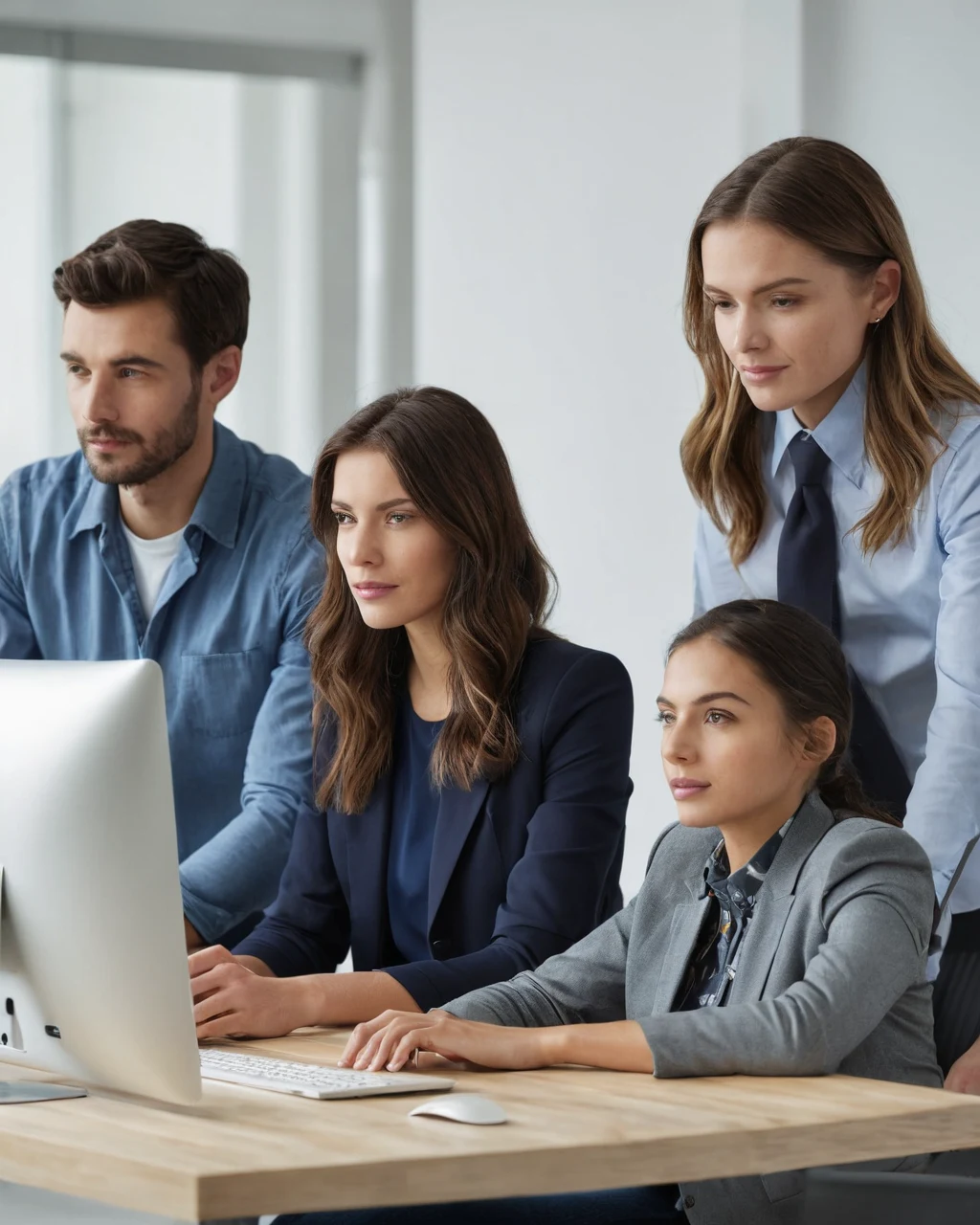 Four business professionals collaborating around a computer in a modern