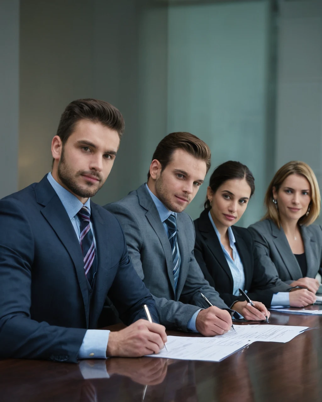 Four business professionals signing documents at a conference table