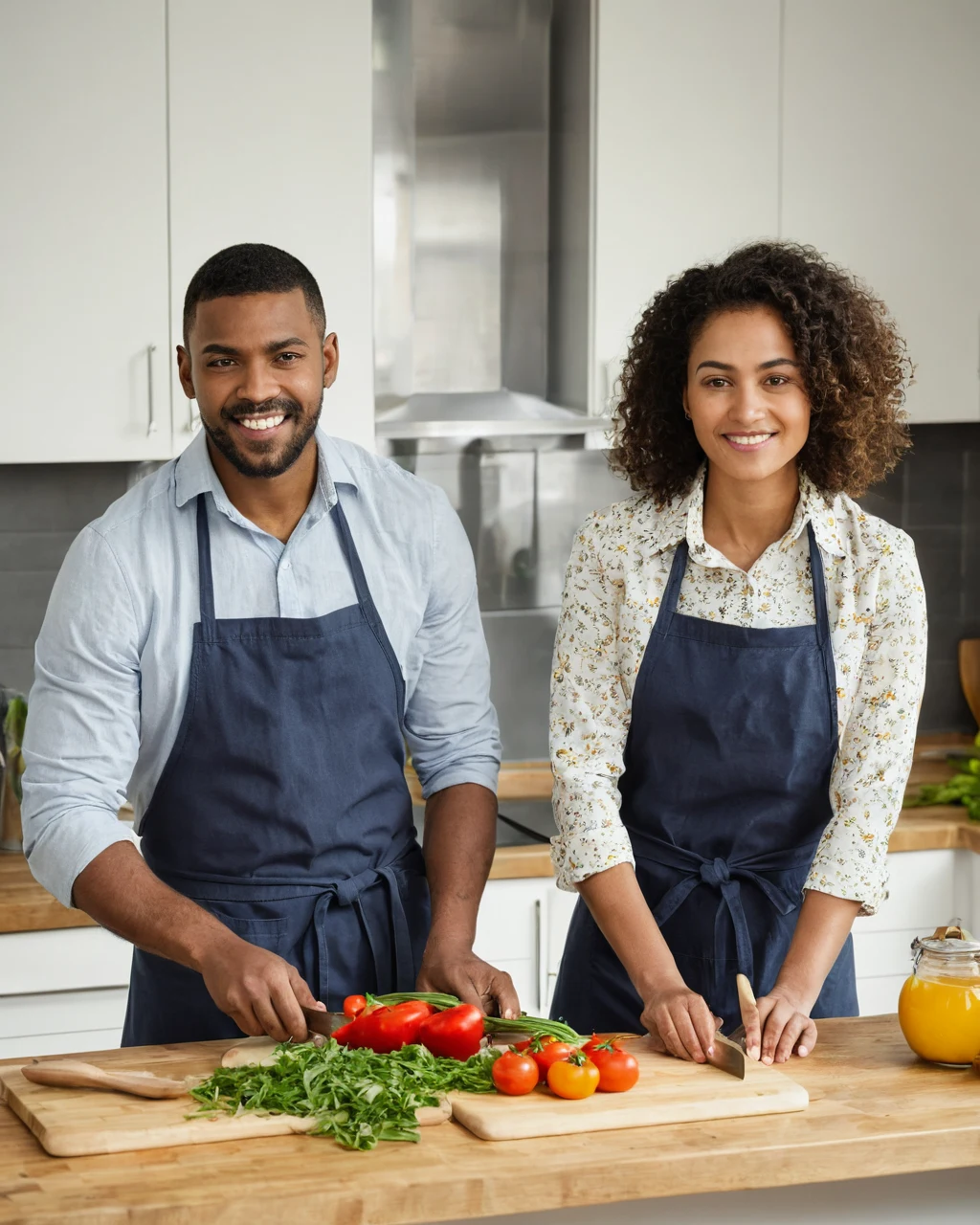 A man and woman in aprons chopping vegetables together in a kitchen