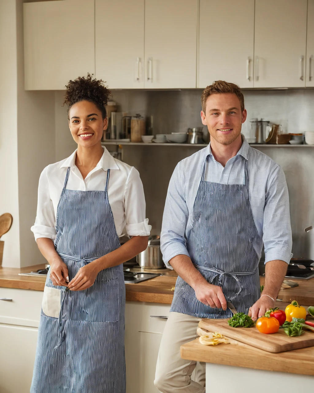 A man and woman in blue striped aprons smile while preparing vegetables
