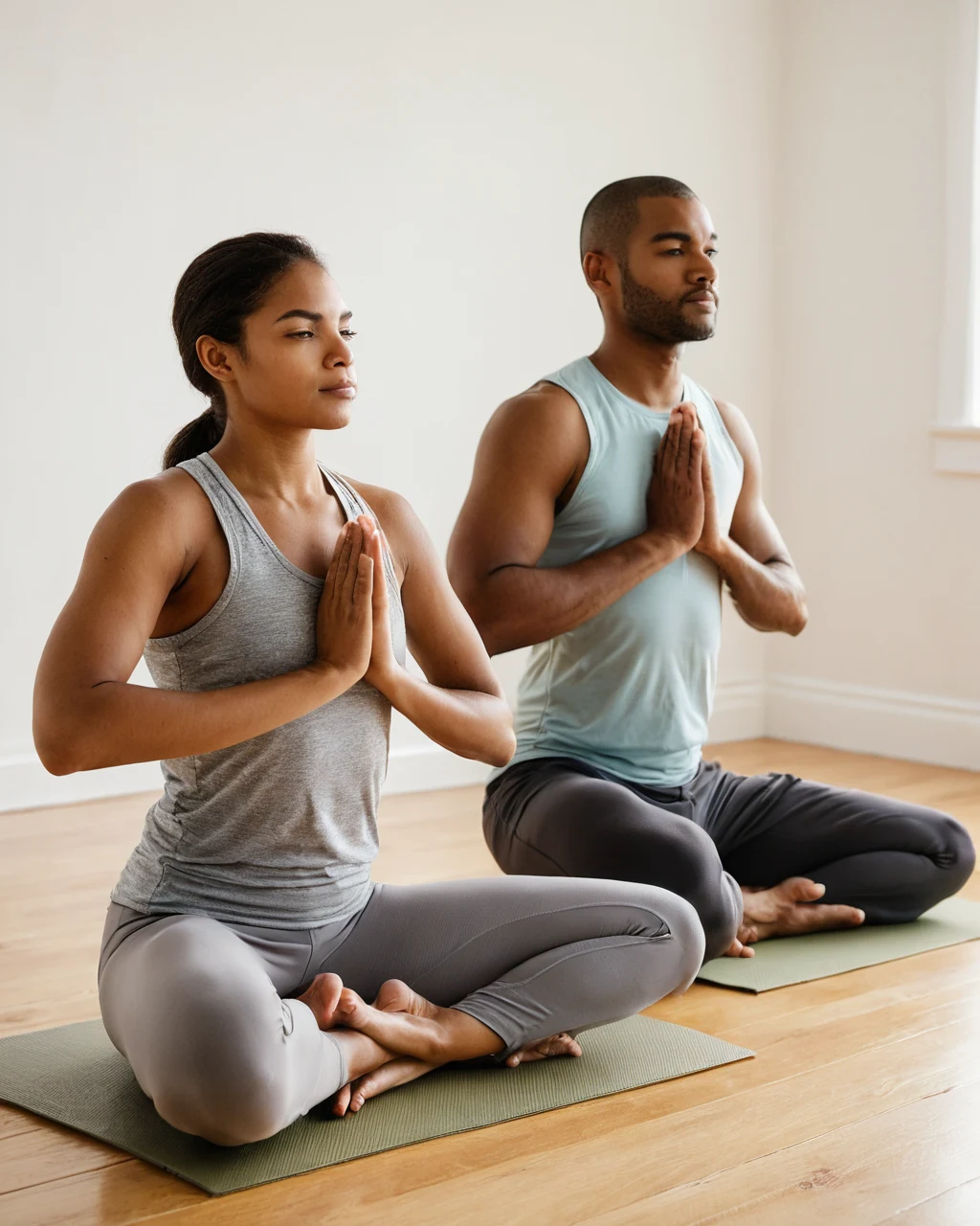 A man and woman meditate together on yoga mats in a bright room