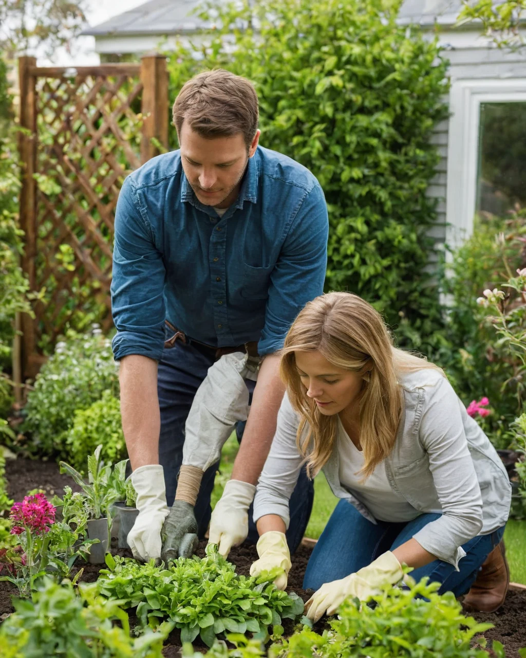 A man and woman planting seedlings in a garden with flowers and a house