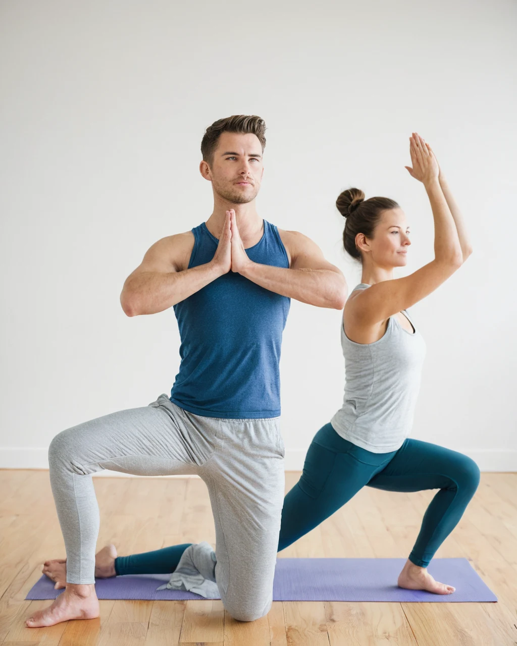 A man and woman practicing yoga poses on a purple mat in a bright room