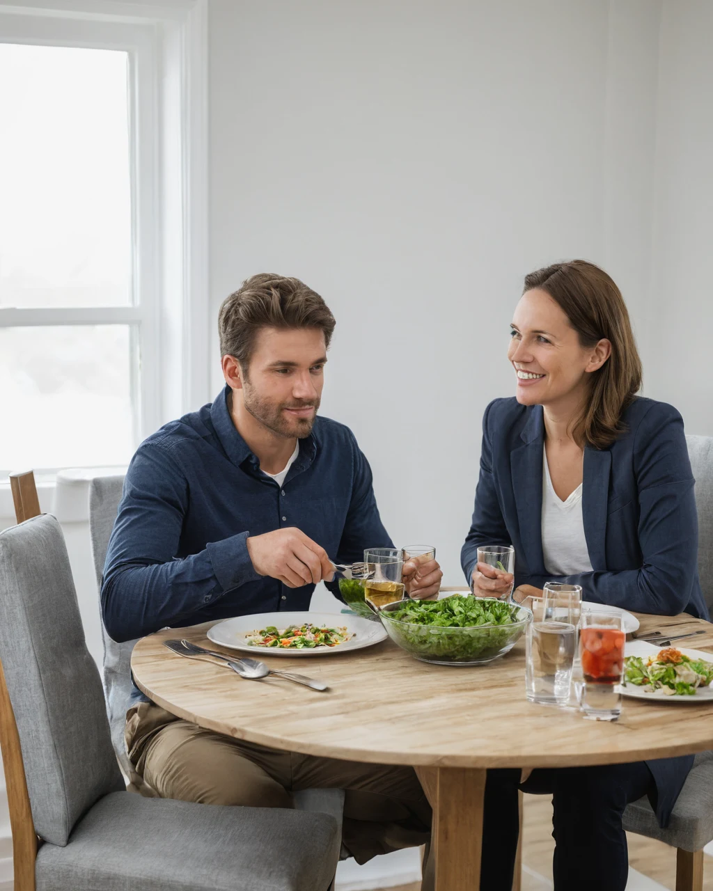 A man and woman share a healthy salad meal at a wooden table in a bright