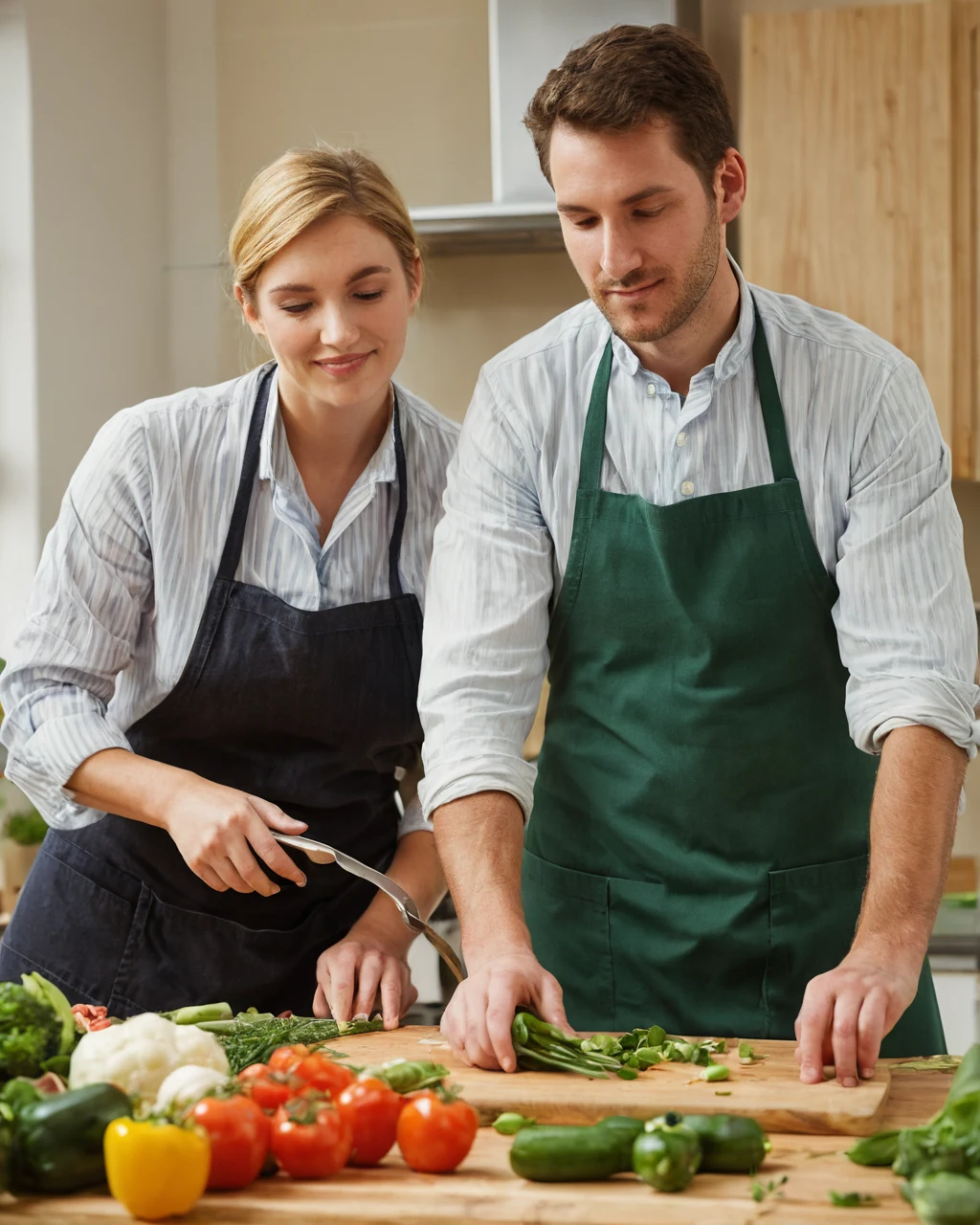 A man and woman wearing aprons chop fresh vegetables together