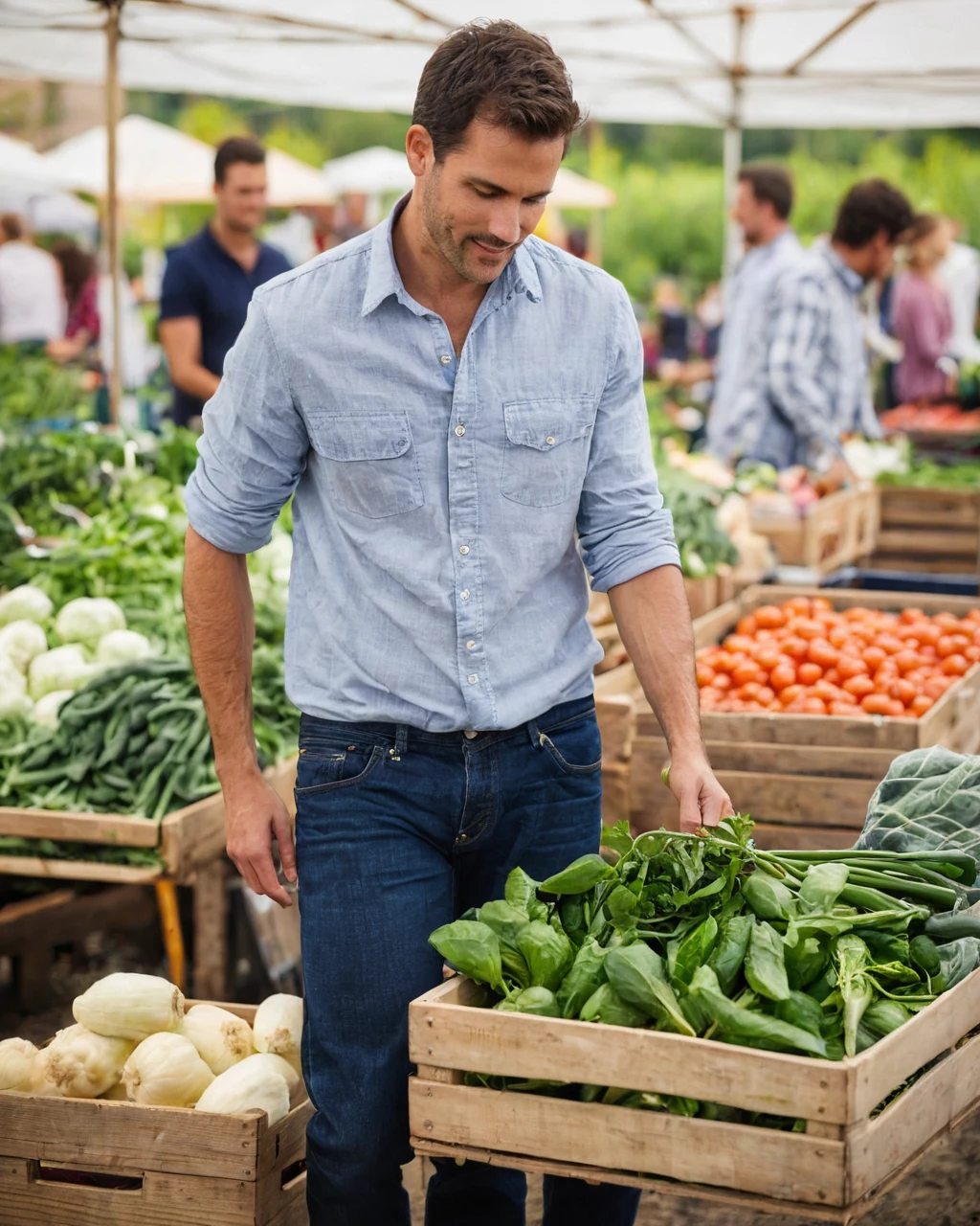 Man choosing spinach at a bustling outdoor farmers market with wooden