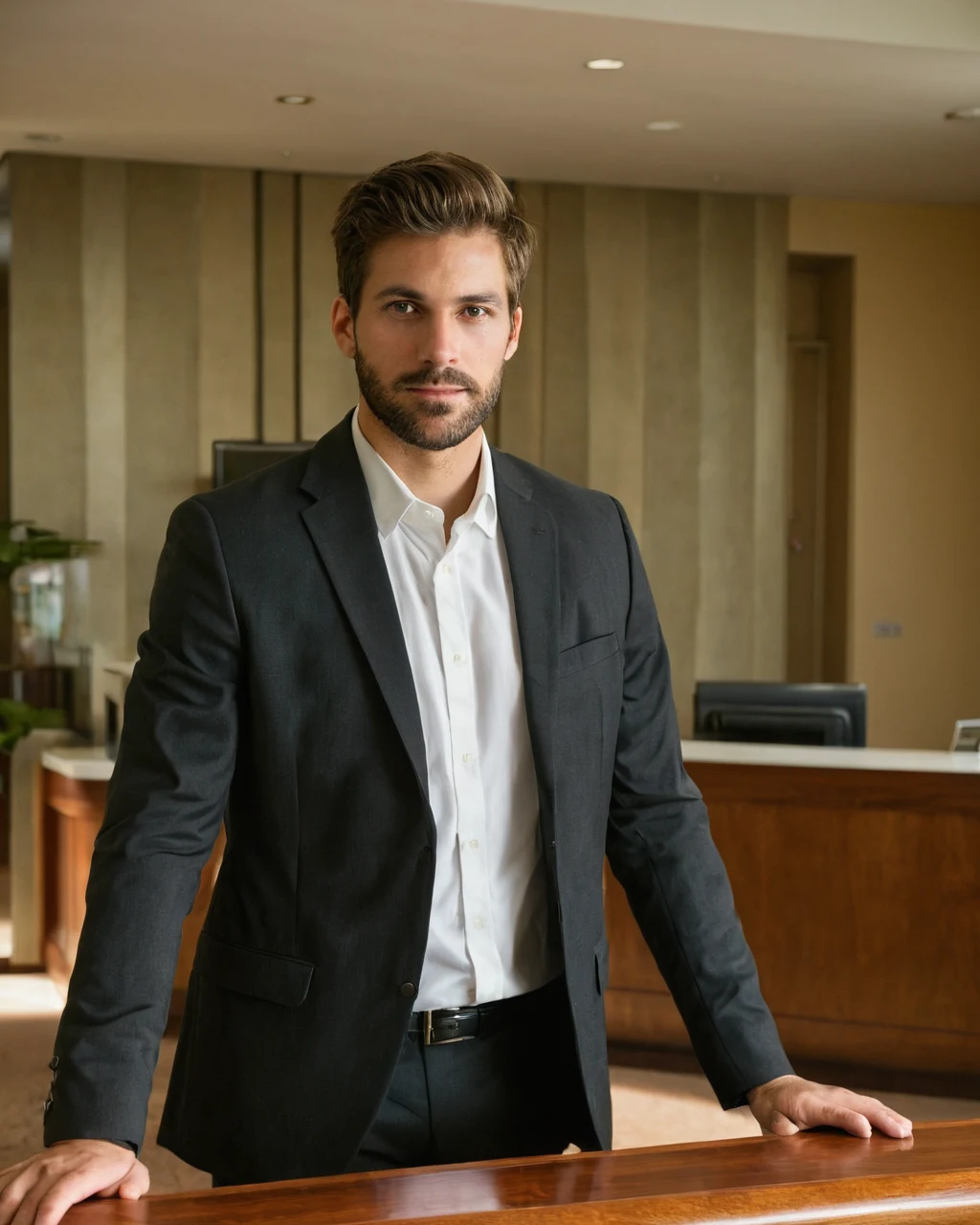 A man in a dark suit and white shirt leans on a wooden counter