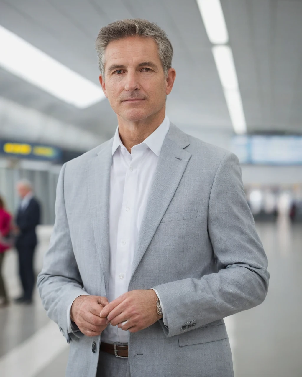 A man in a gray suit buttons his jacket in a modern airport terminal