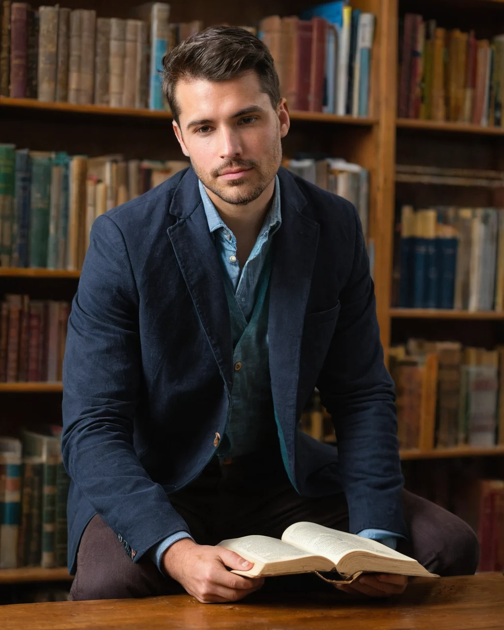 A man in a navy blazer holding an open book at a wooden desk