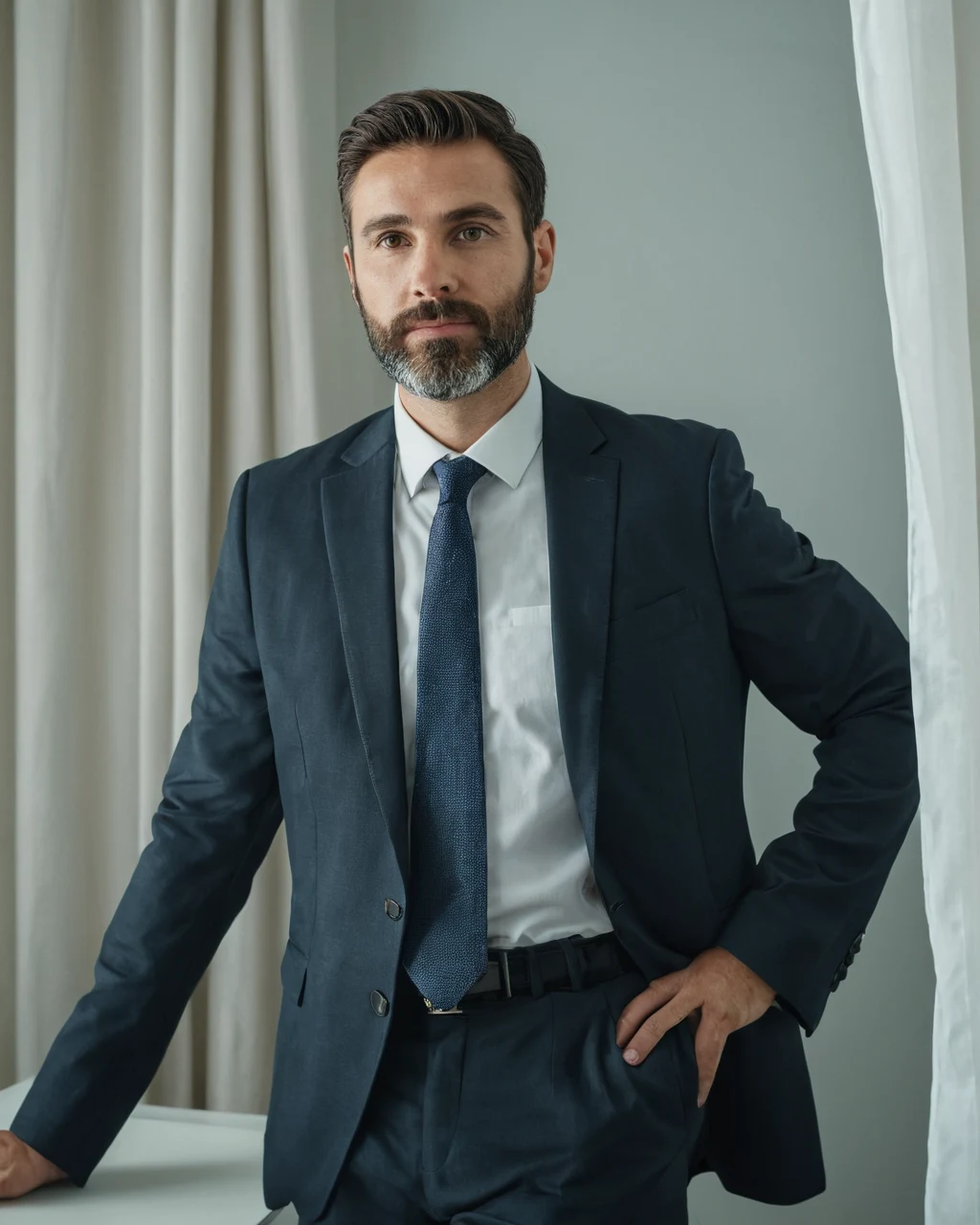 A man in a navy suit and tie standing confidently with one hand
