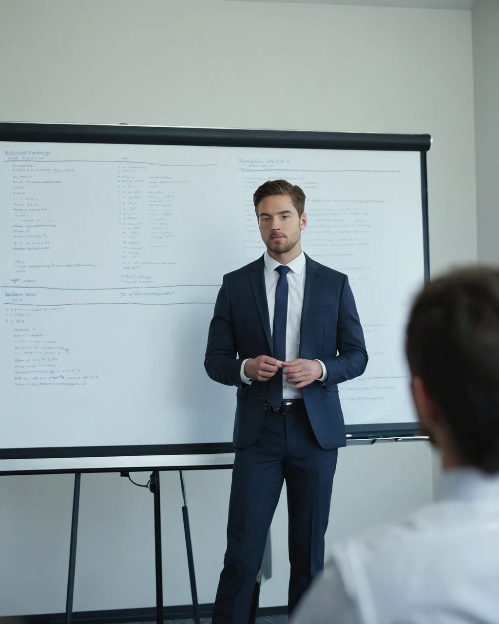 A man in a navy suit stands confidently before a whiteboard filled