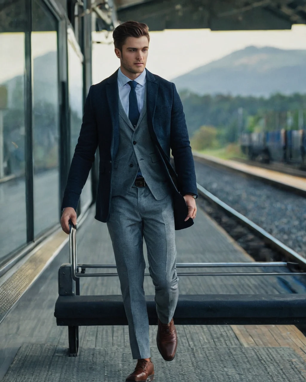 A man in a suit walking on a train platform with mountains