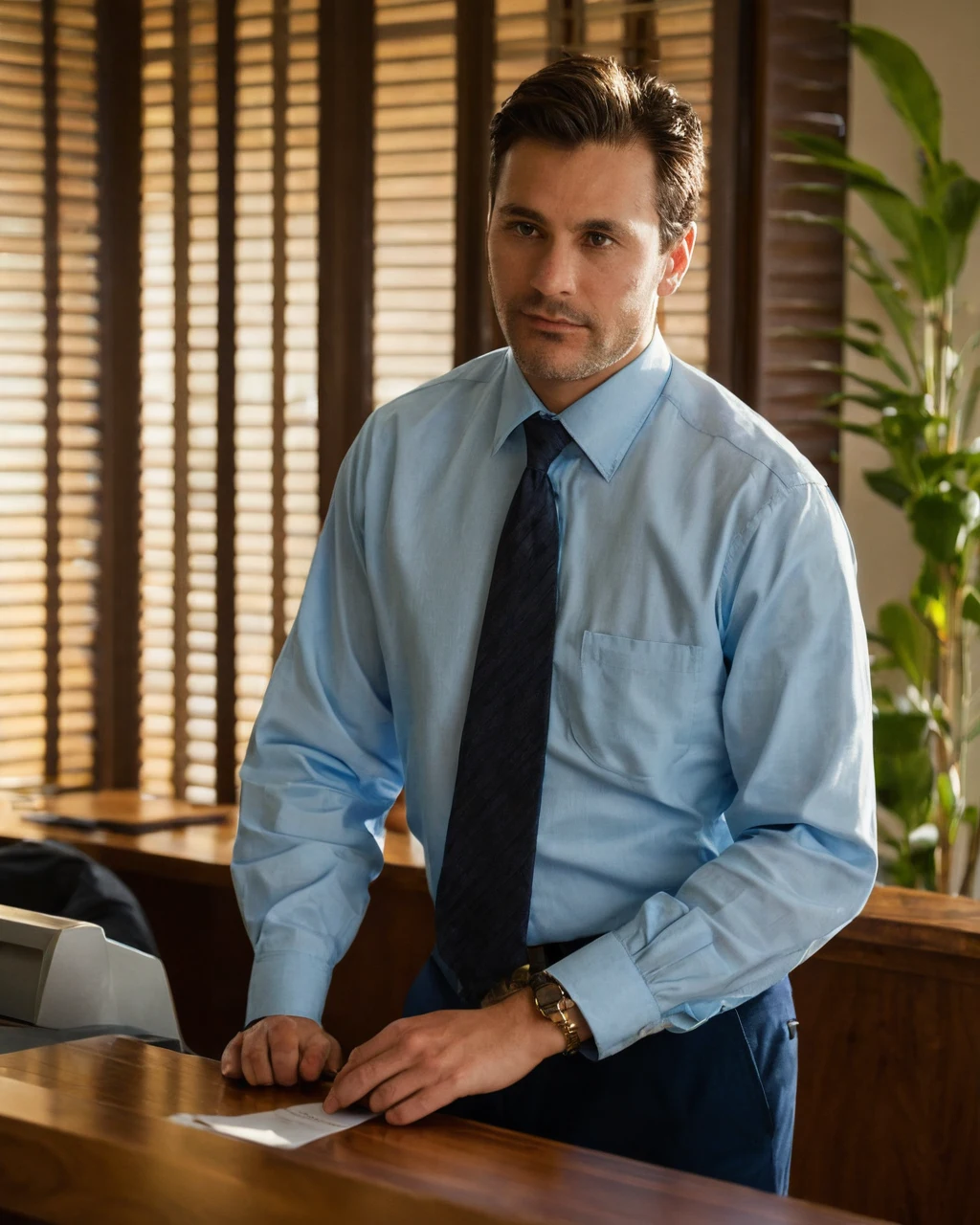Man in business attire standing at a wooden counter in an office