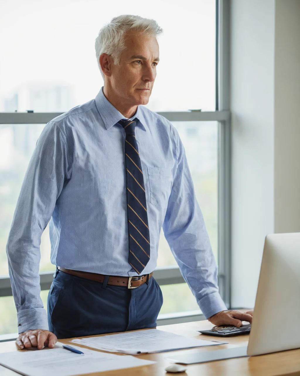 A man in business attire using a laptop at a desk near a window