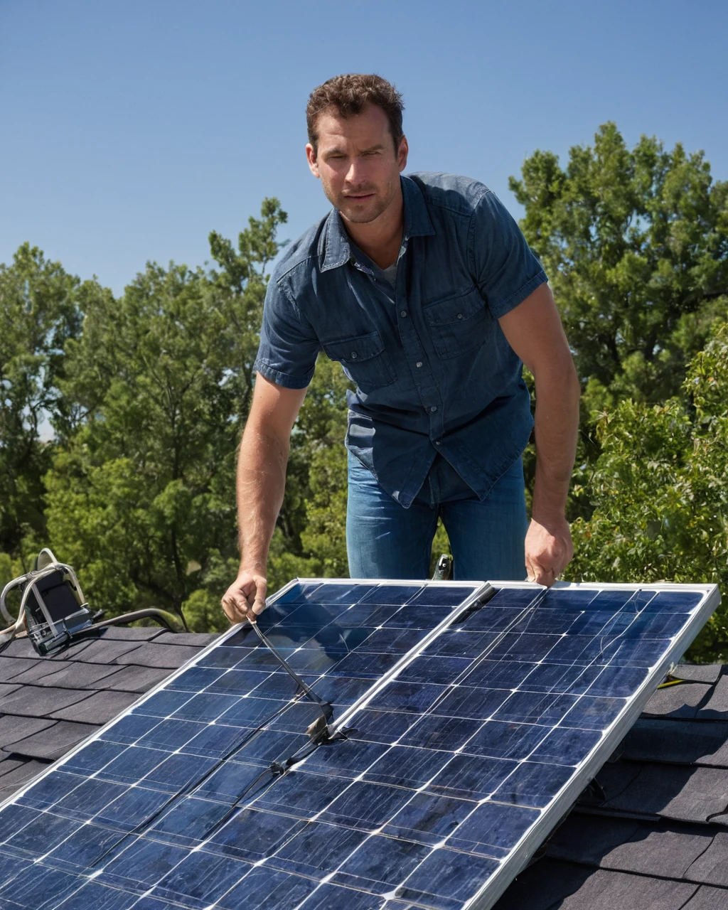 Man installing solar panel on roof with green trees and blue sky