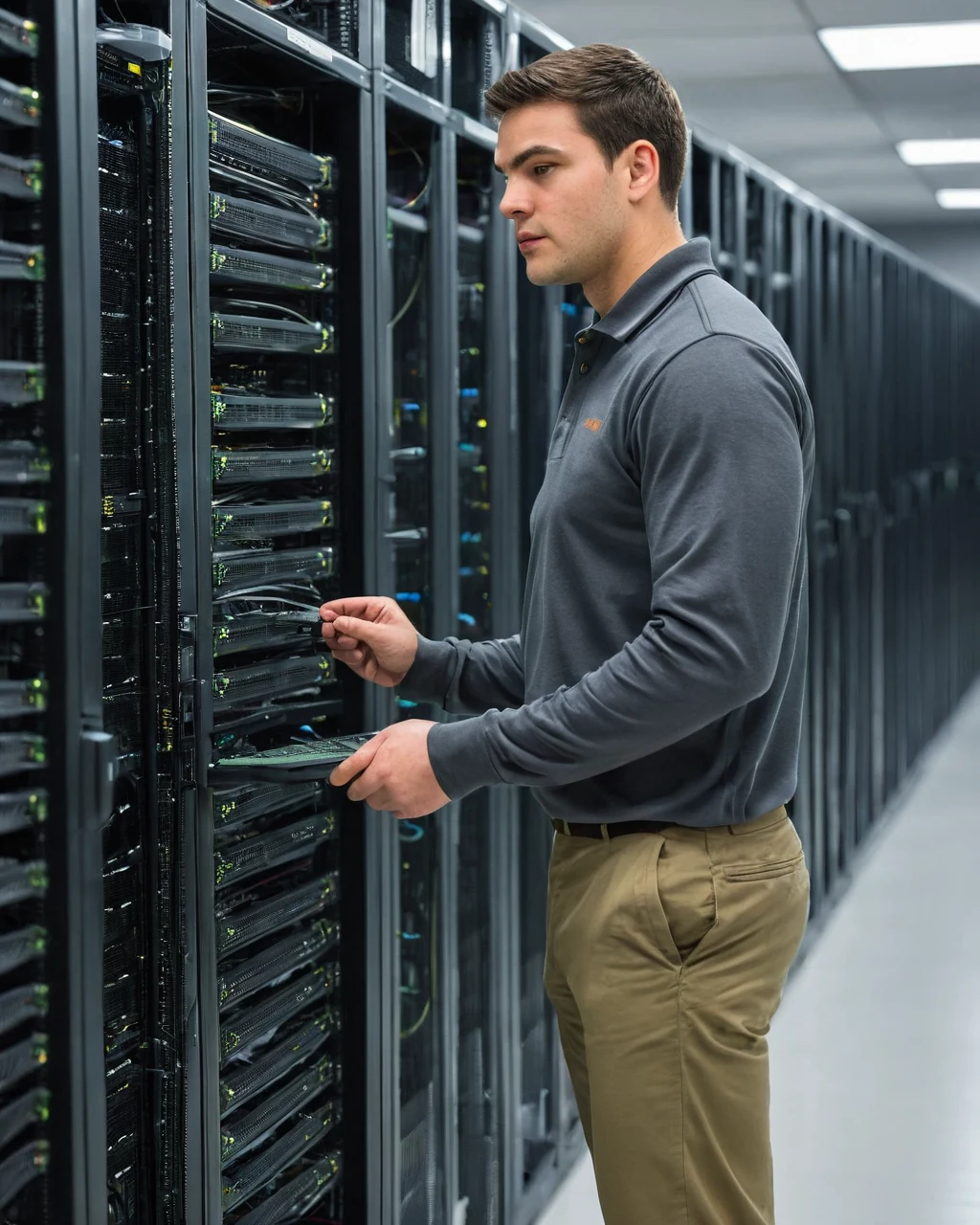 A man installs a server component into a server rack in a data center