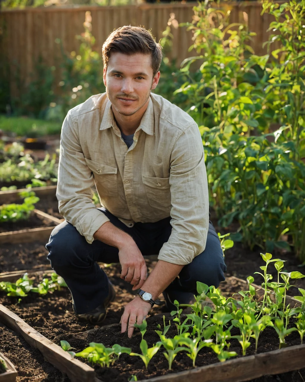 Man kneeling in garden bed tending small green seedlings with wooden