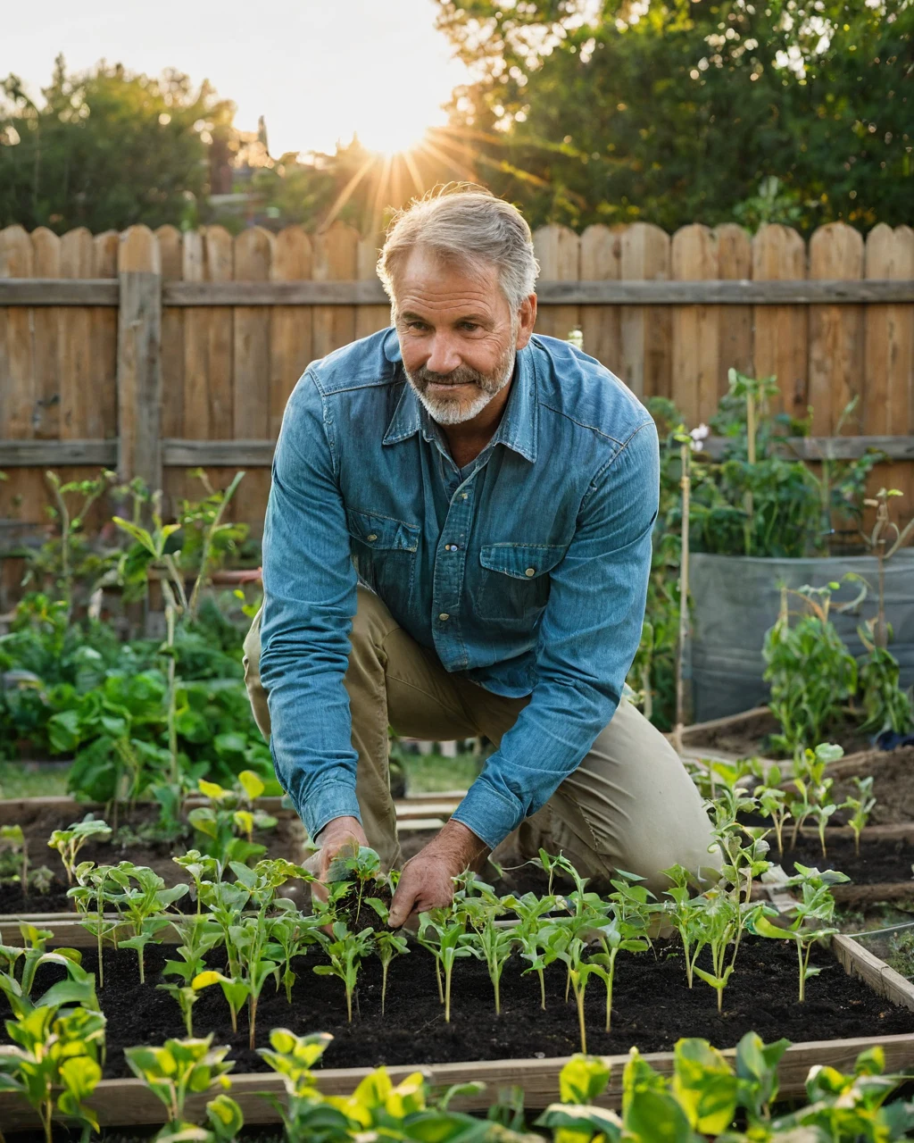 Man planting seedlings in a garden bed at sunset behind a wooden fence