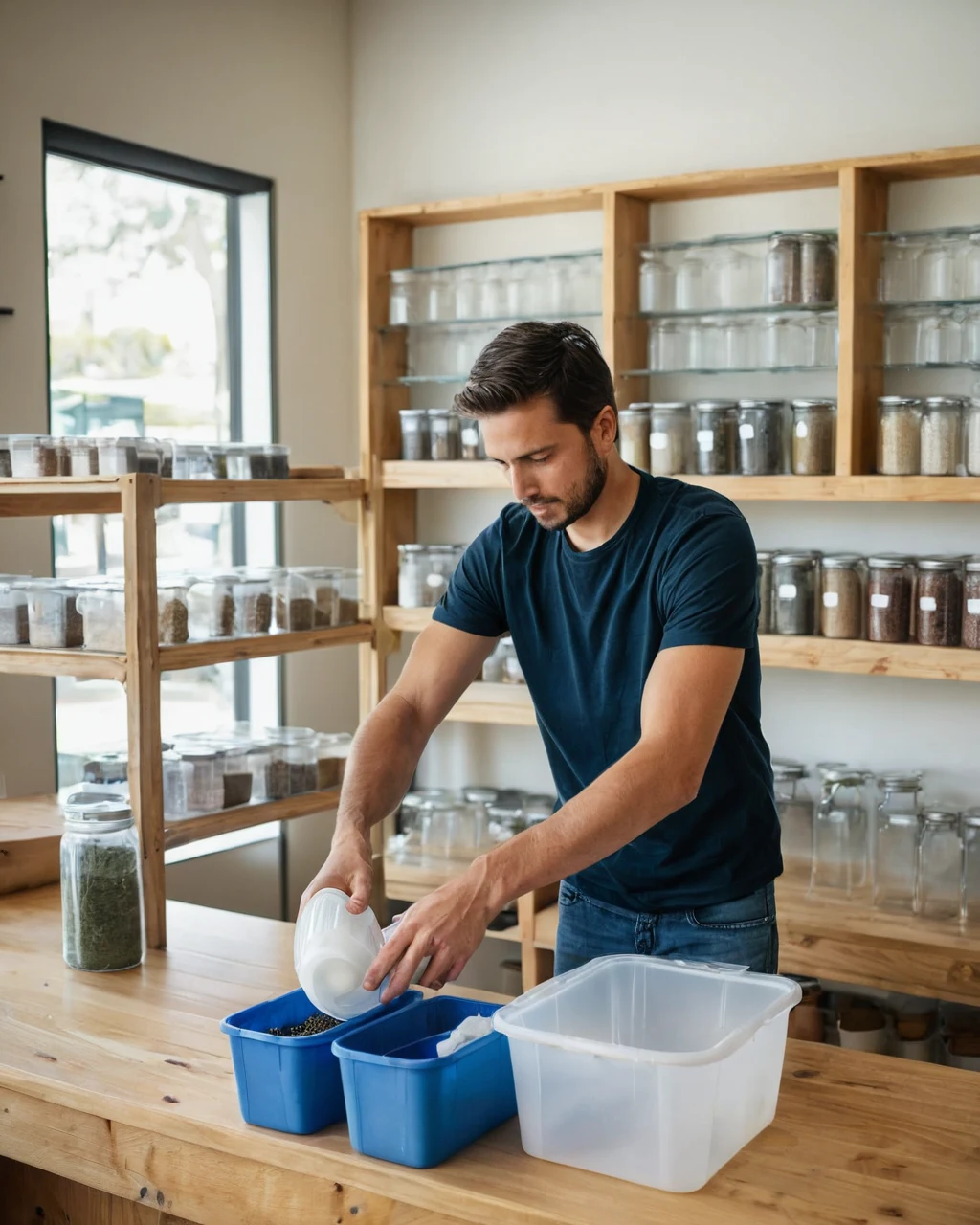 A man pouring seeds into a blue bin on a wooden counter in a spice shop