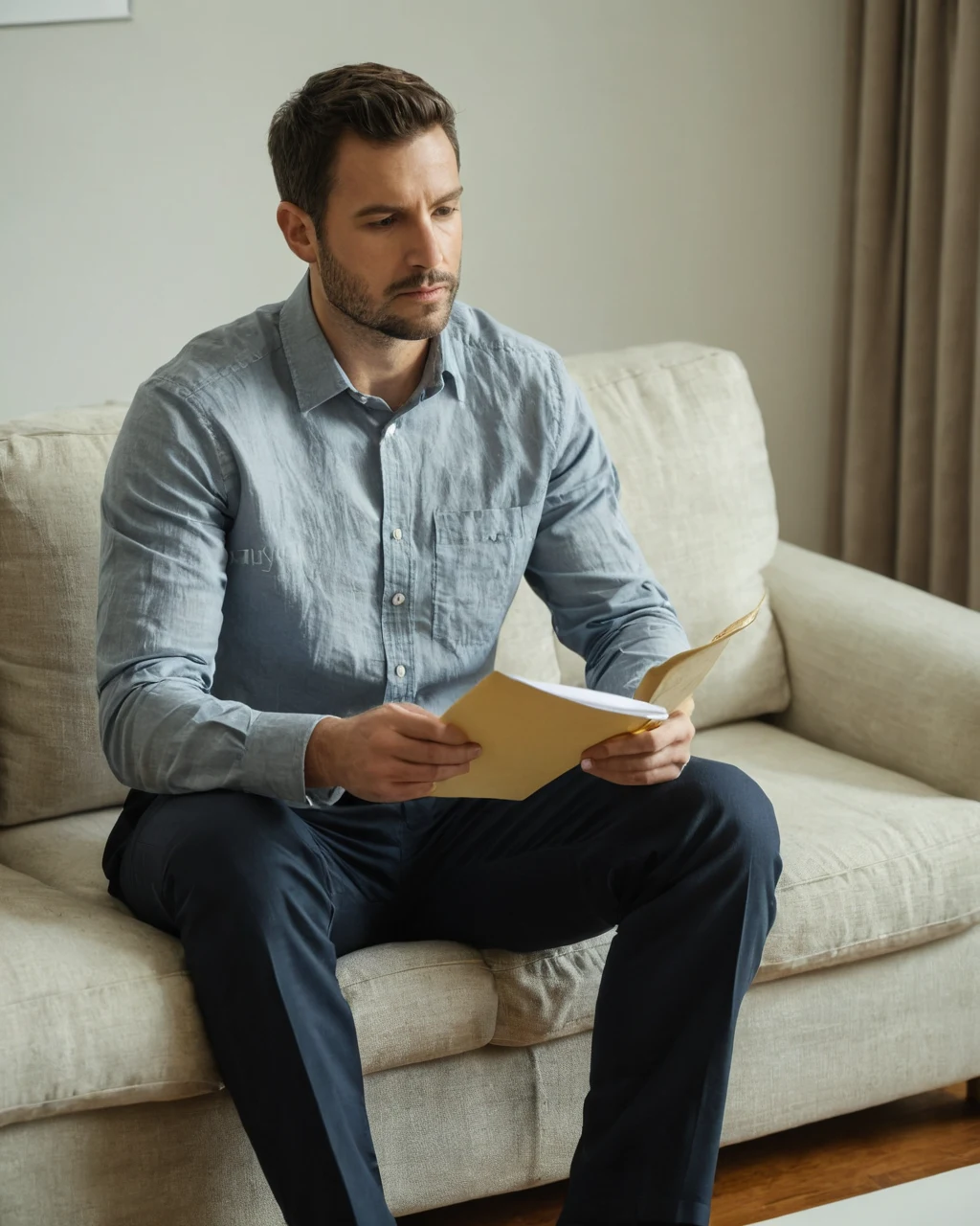 Man sitting on beige couch holding open envelope looking serious