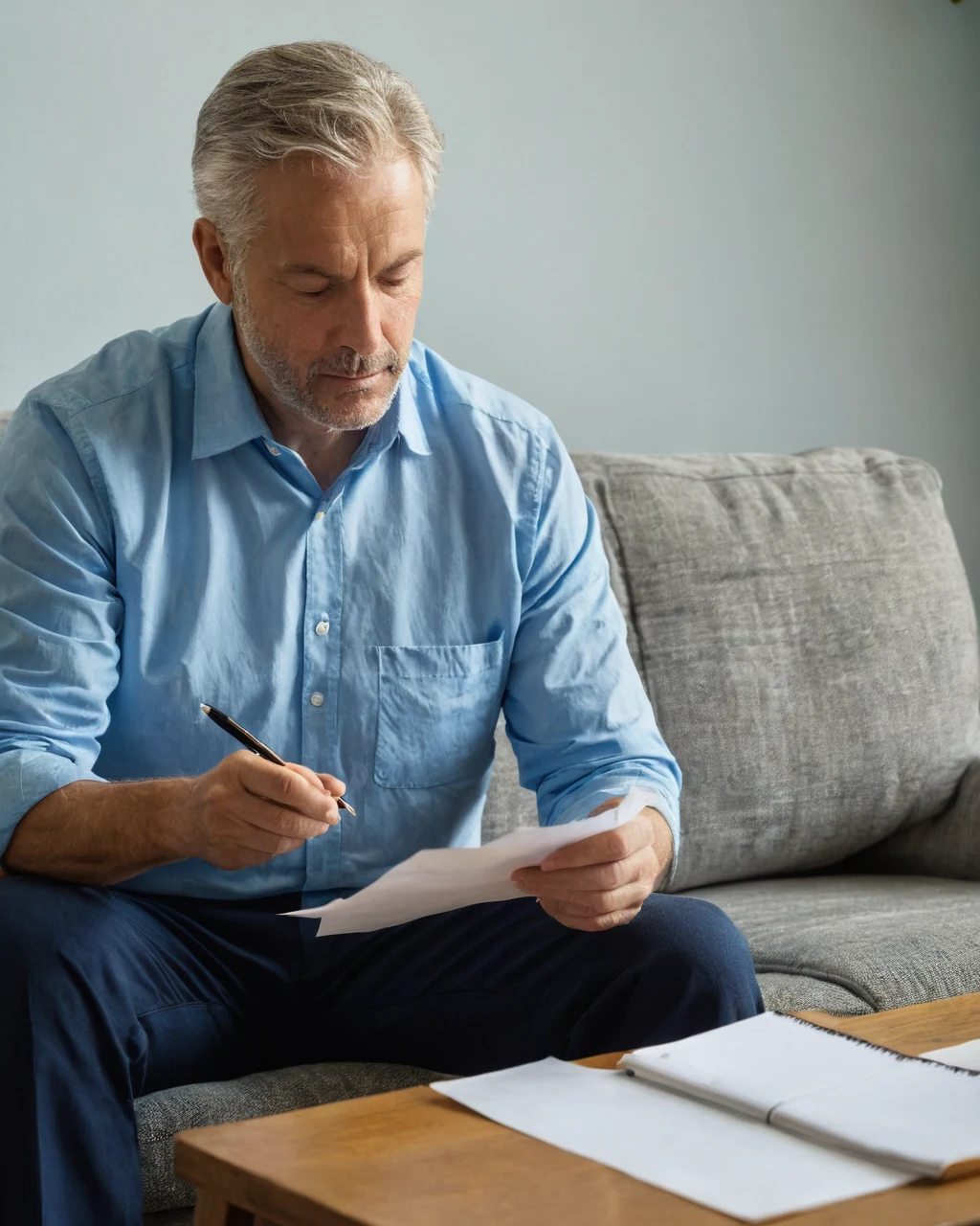 Man sitting on couch reviewing papers with pen and notebook on wooden