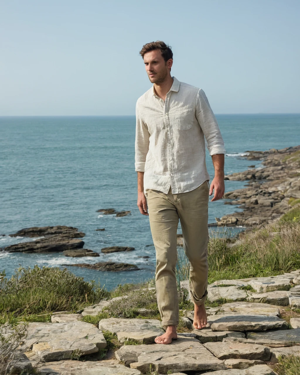 Man walking barefoot on stone path by ocean coast
