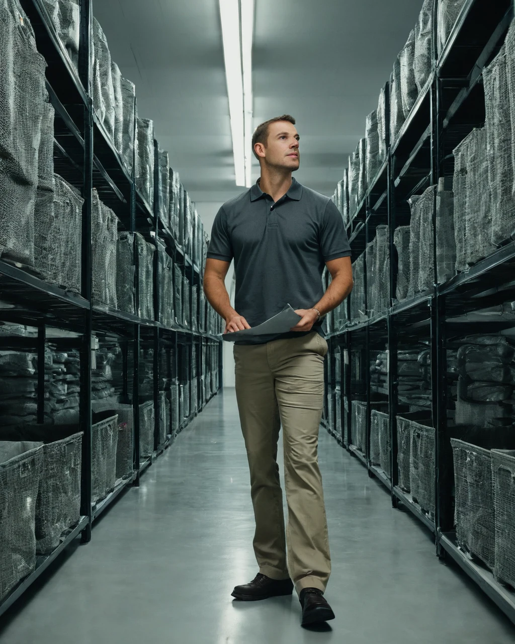 Man walking through warehouse aisle holding papers between tall shelves