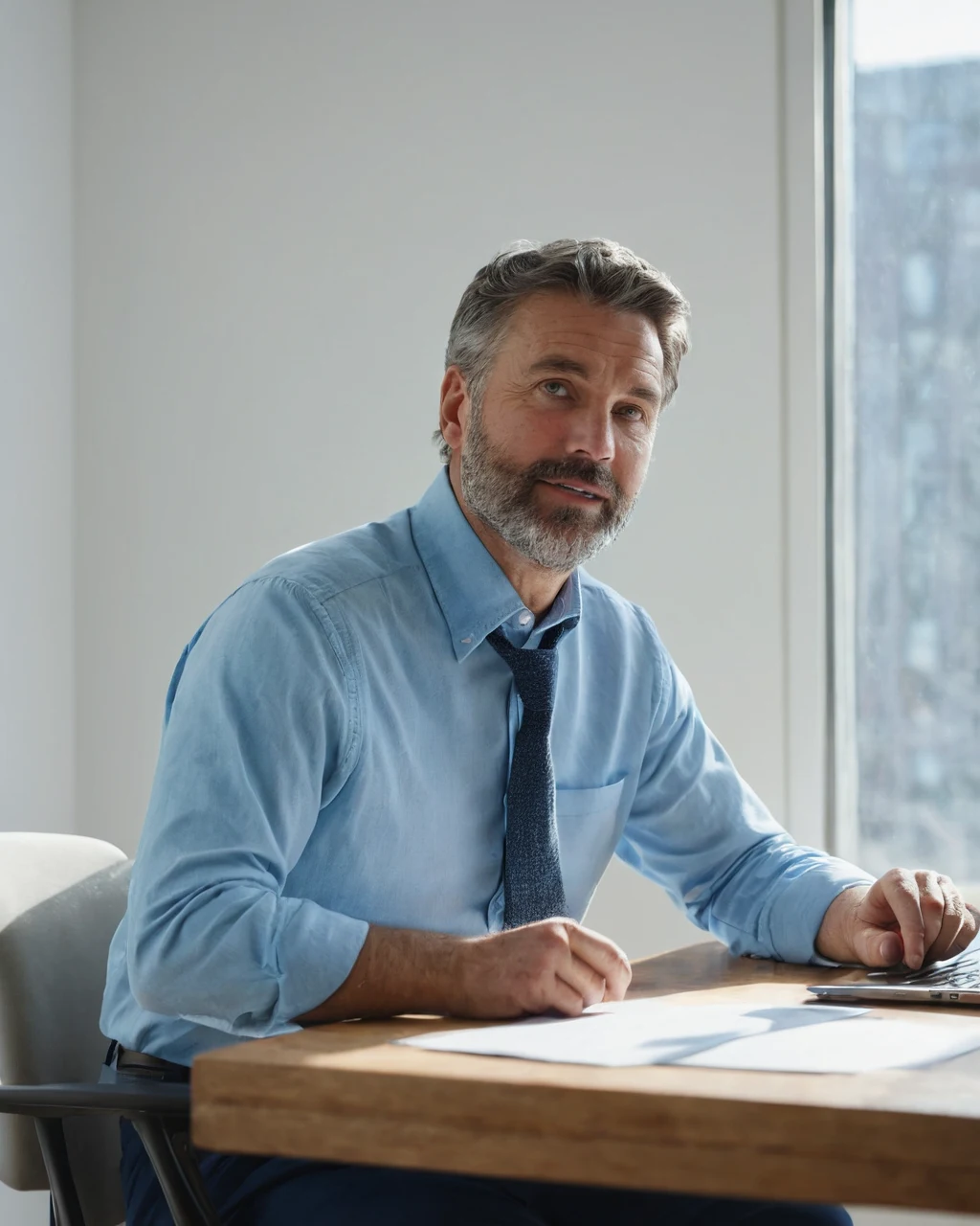 A man with a gray beard sits at a wooden desk in a modern office using