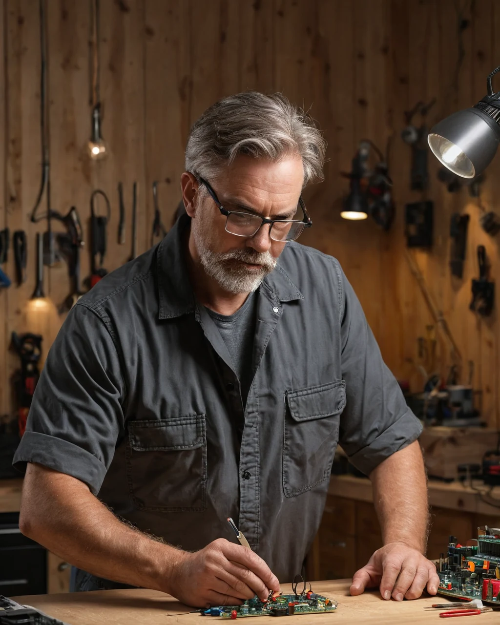 A man with gray hair and glasses repairs an electronic circuit board