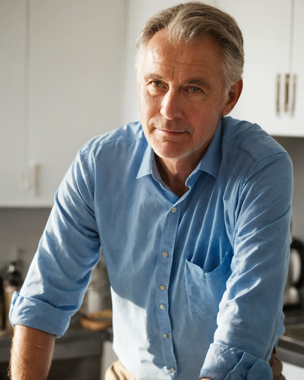 A middle aged man with gray hair wears a light blue button down shirt