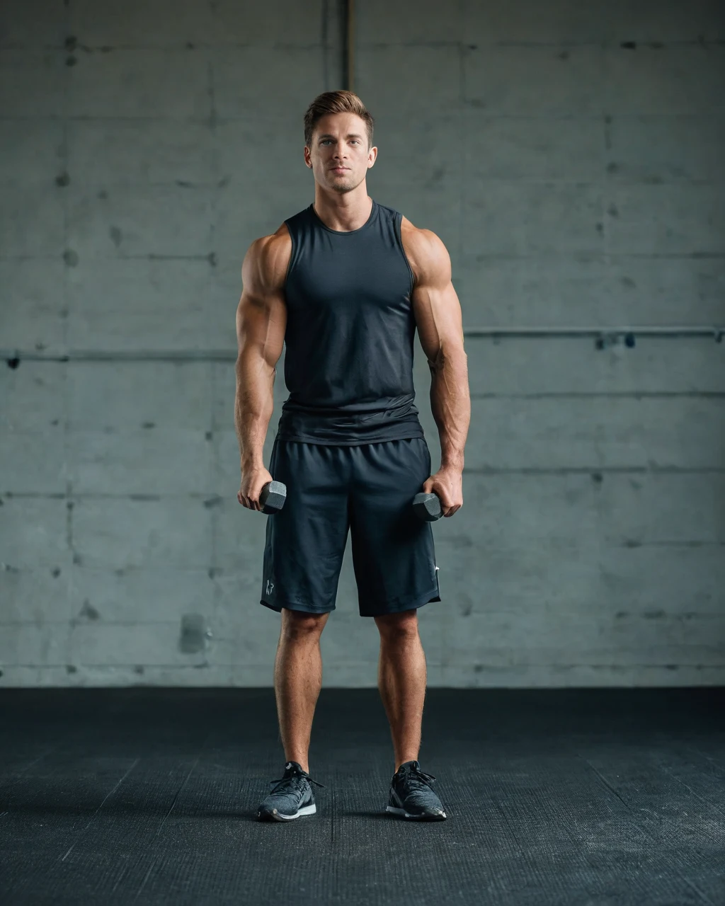 A muscular man in black workout gear holding dumbbells in a gym