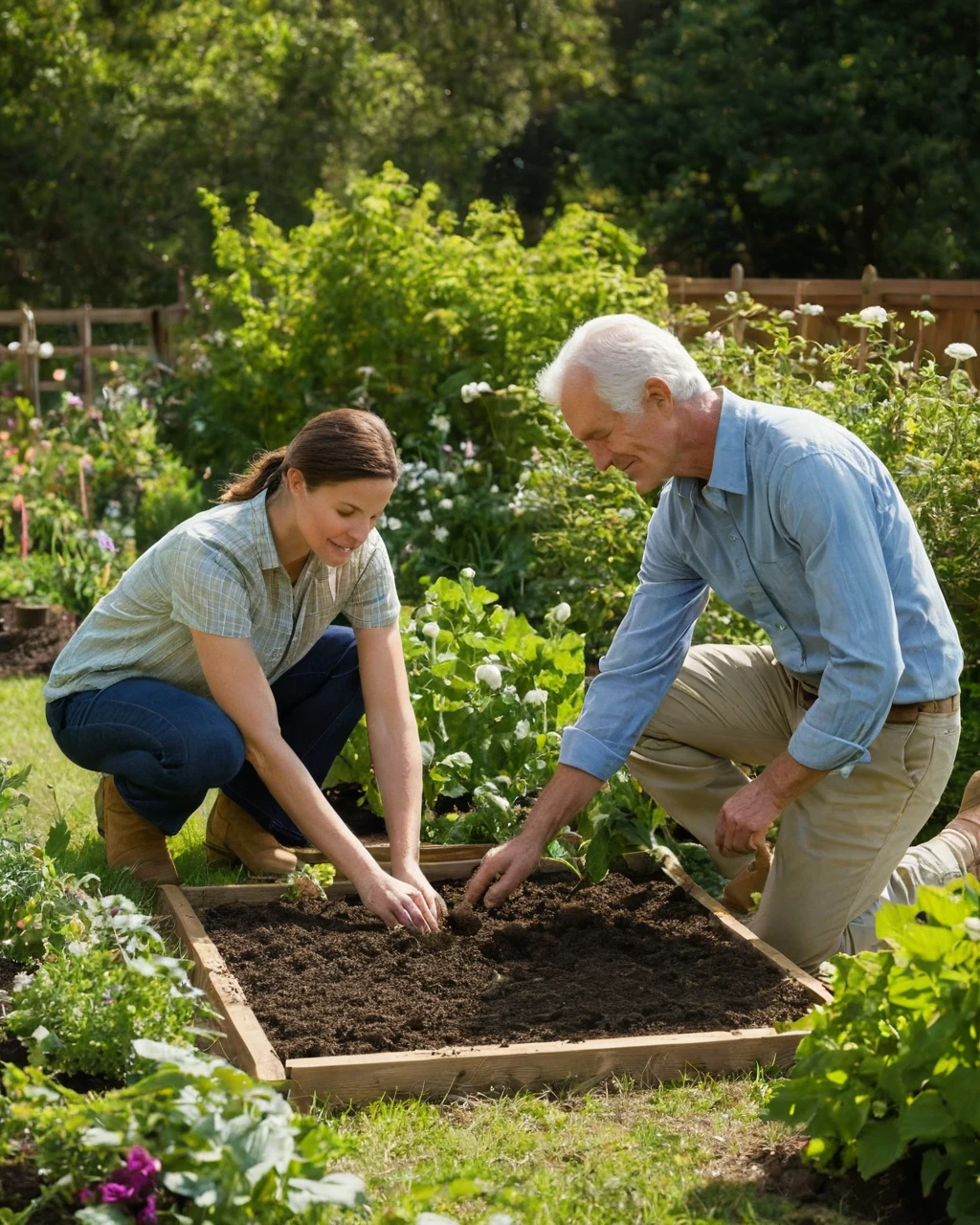An older man and younger woman planting soil in a garden bed together