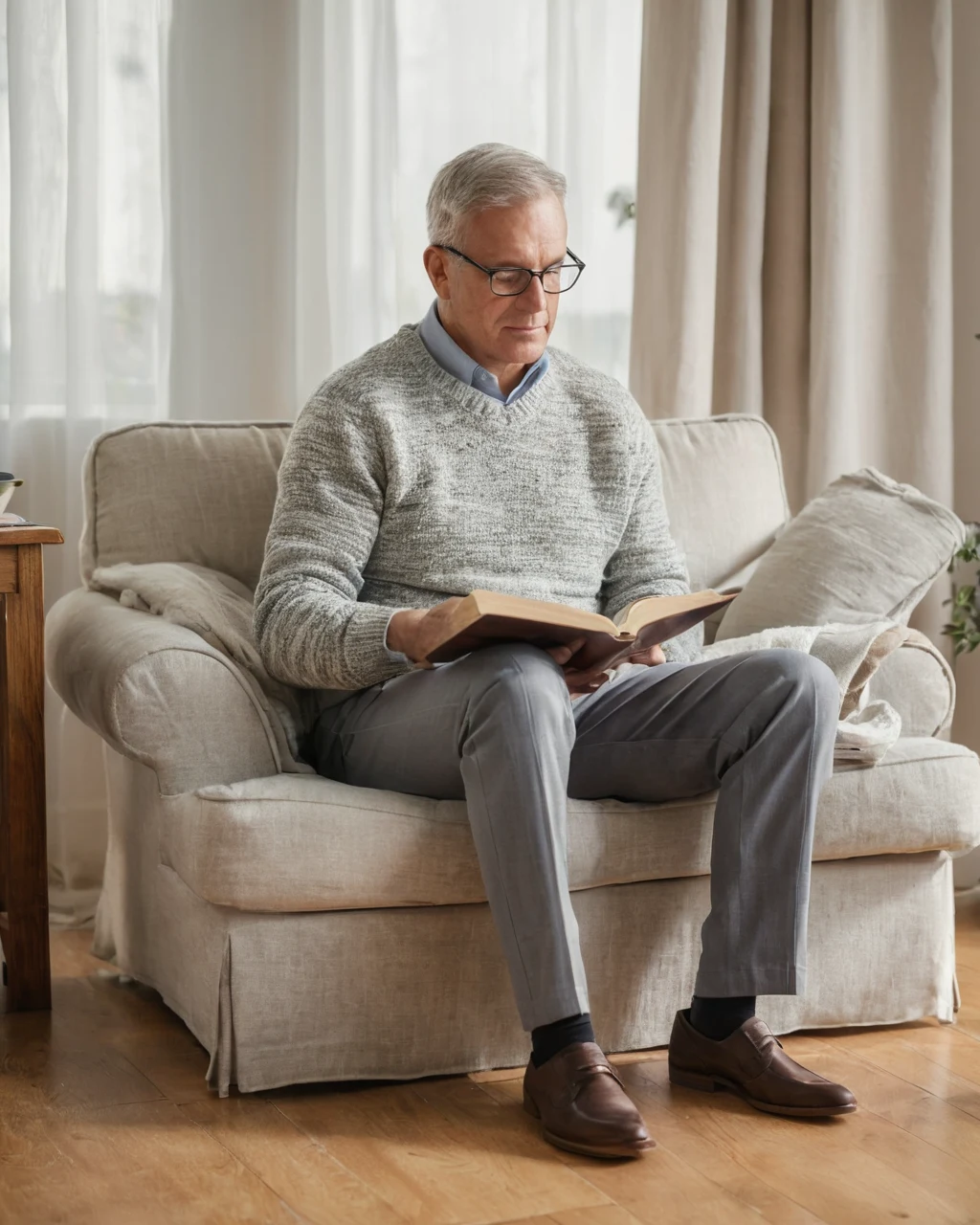 An older man wearing glasses reads a book while seated in a beige