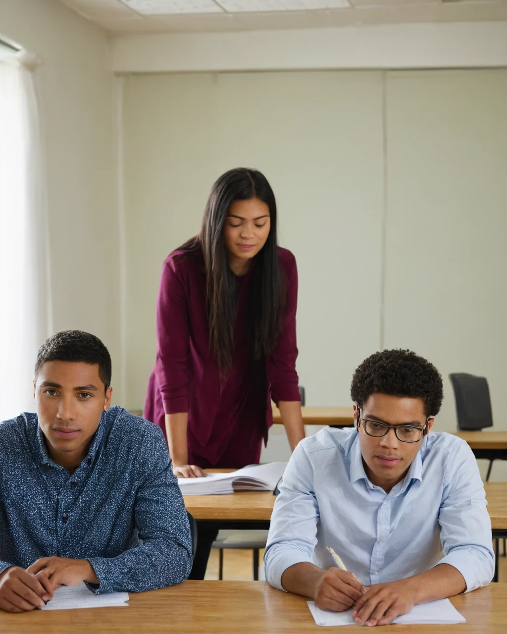Teacher checking student papers in a classroom with two students