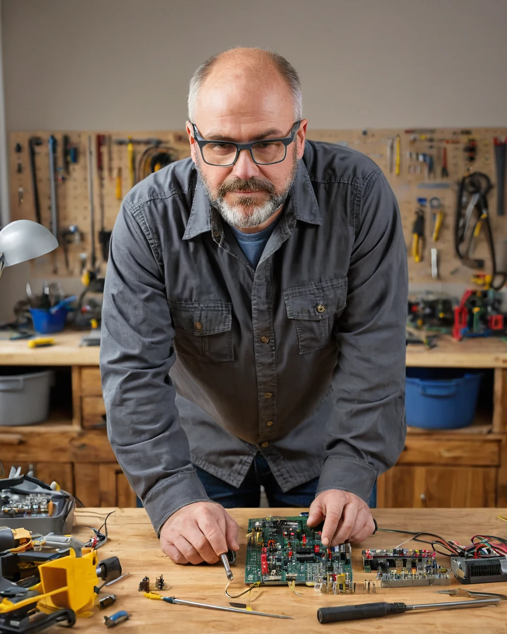 A technician repairs an electronic circuit board with tools on a wooden