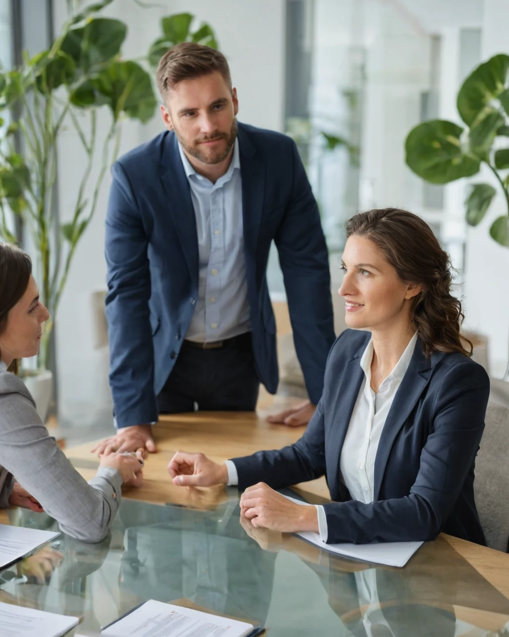 Three business professionals in a modern office meeting around a glass