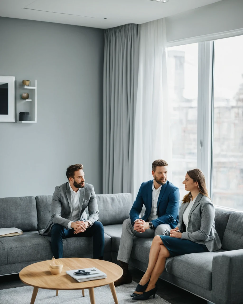 Three business professionals in formal attire having a meeting on a gray