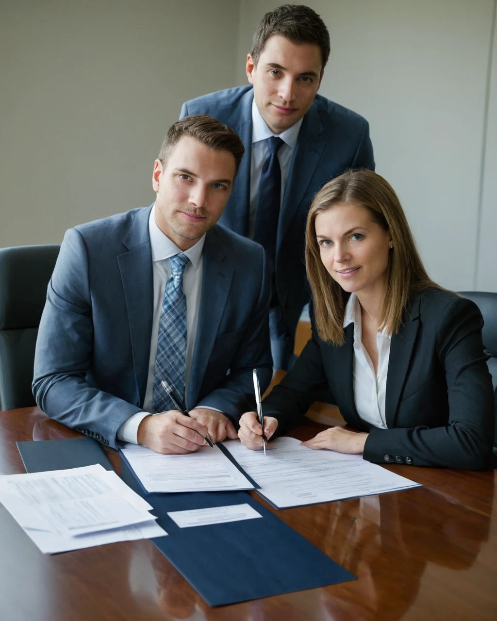 Three business professionals signing documents at a wooden desk