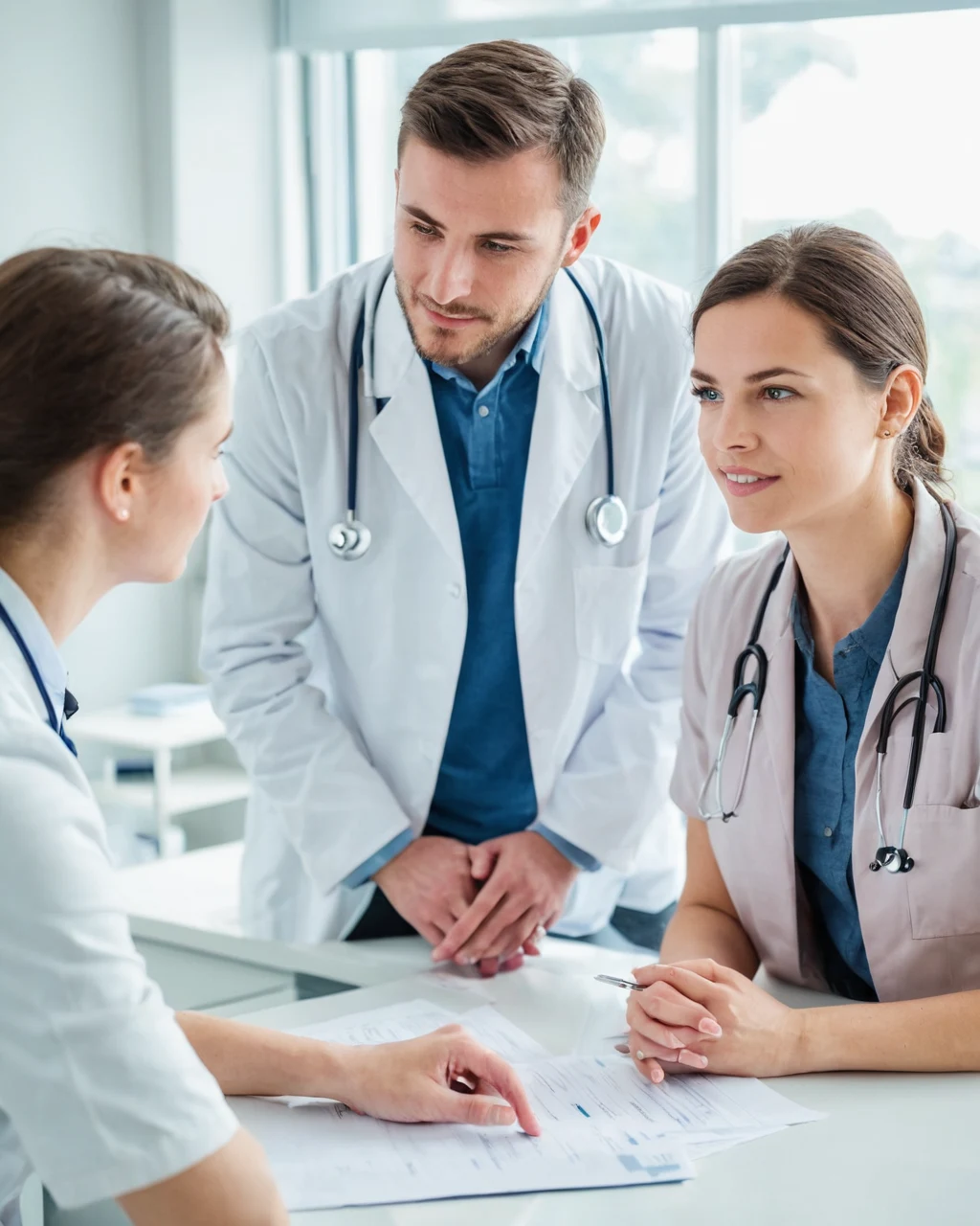 Three doctors in white coats reviewing medical documents at a clinic