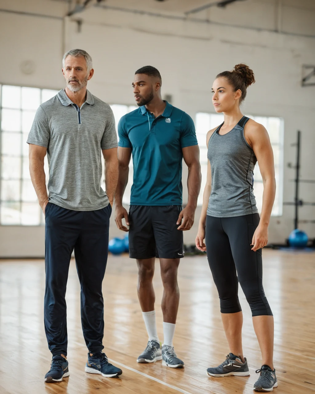 Three people in athletic wear standing in a gym with wooden floors