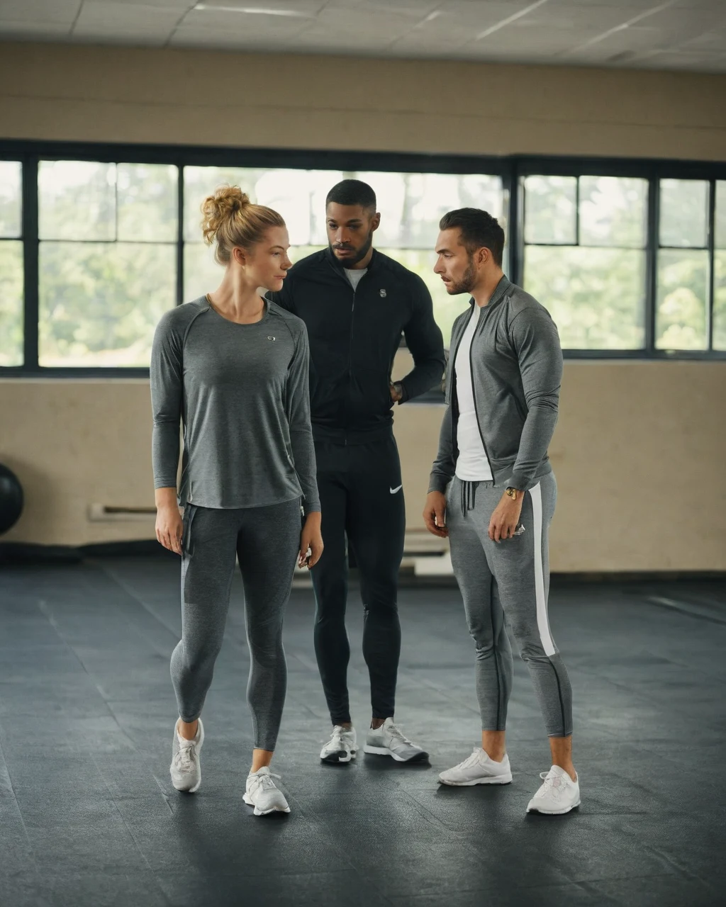 Three people in athletic wear talking in a gym with large windows