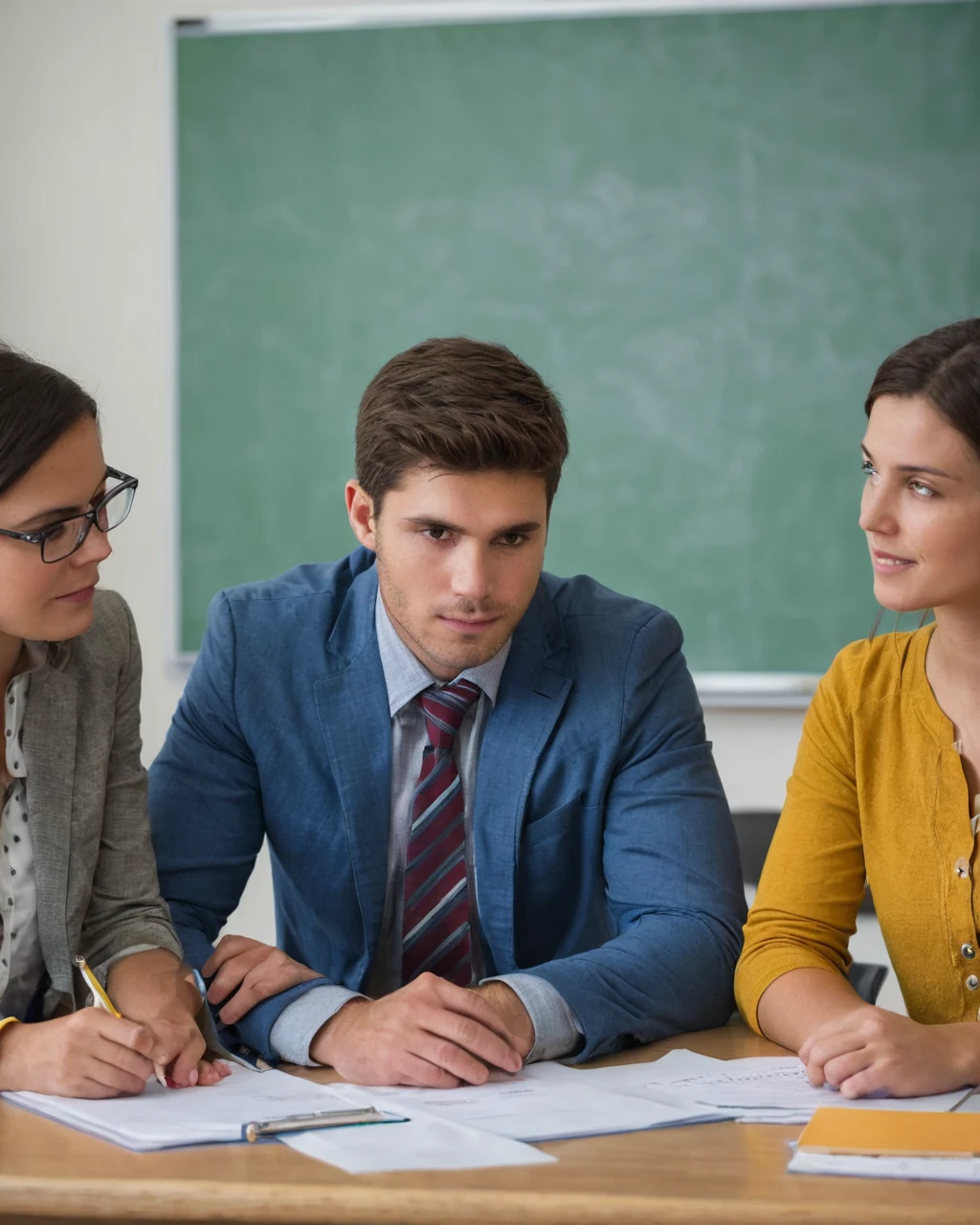 Three people in business attire reviewing papers at a classroom table