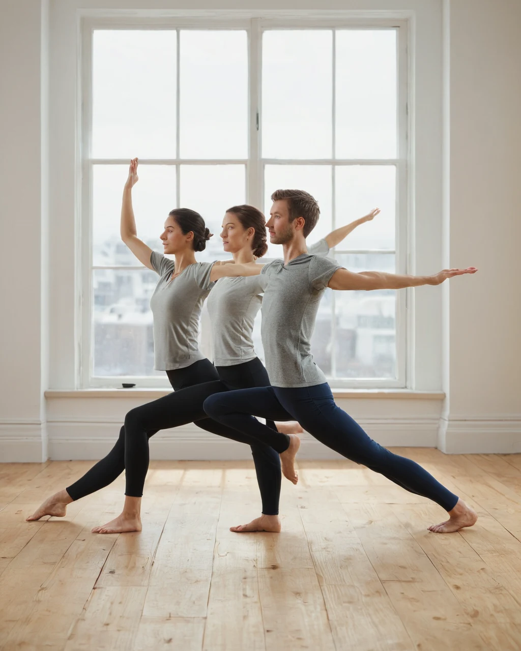 Three people in yoga pose on wooden floor near window