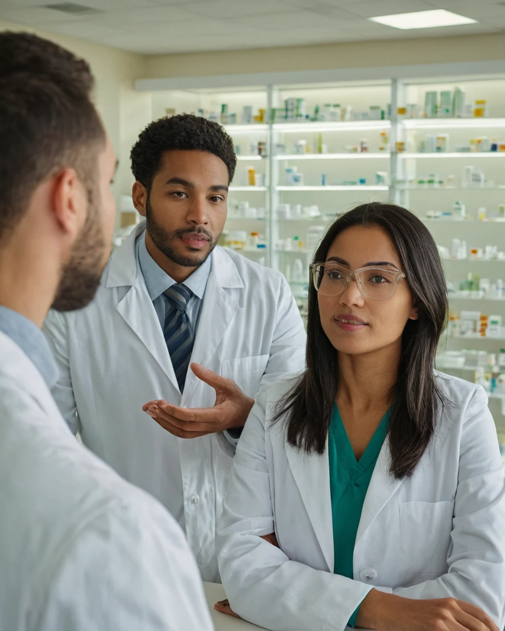 Three pharmacists in white coats discussing medication in a pharmacy